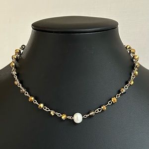 Choker Necklace Pearl and Crystals, 14” Black Bronze Real Pearl